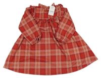 Nové - červeno-béžovo-černo-bílé kostkované vzorované úpletové šaty s volánky Next