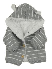 Šedo-bílý pruhovaný propínací zateplený svetr s kapucí s oušky Matalan