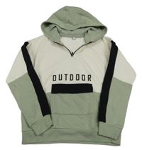 Smetanovo-khaki-černá mikina s nápisem a kapsou a kapucí 