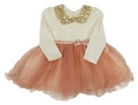 Smetanovo-světlerůžové šaty s tylem a mašlí a límečkem s flitry Blue Sky