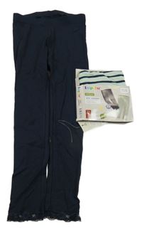 Nové - 2x - Legíny - Tmavomodré s krajkou, mentolovo/tmavomodré pruhované lupilu