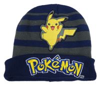 Tmavomodro/šedá pruhovaná pletená čepice s Pikachu 