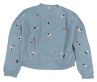 Modrý melírovaný žebrovaný úpletový oversize crop svetr s květy YIGGA