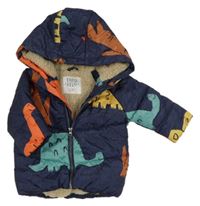 Tmavomodrá melírovaná šusťáková zimní bunda s dinosaury a kapucí F&F