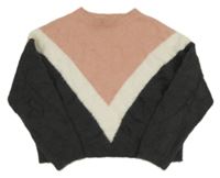 Starorůžovo-antracitovo-smetanový chlupatý crop svetr zn. Primark