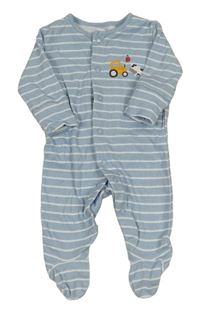 Světlemodro-bílý pruhovaný overal s traktorem a krávou Matalan