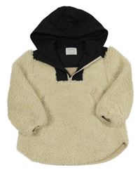 Béžovo-černá chlupato/šusťáková zateplená bunda s kapucí Zara