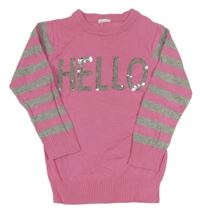 Růžovo-šedý svetr s nápisem z flitrů a pruhy na rukávech