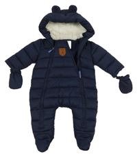 Tmavomodrá prošívaná šusťáková zimní kombinéza s kapucí + rukavice Jojo Maman Bébé