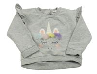 Šedá melírovaná mikina s jednorožcem a volánky