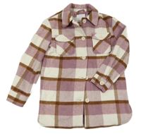 Starorůžovo-smetanovo-hnědá kostkovaná vlněná košilová bunda Primark