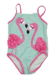 Tyrkysovo-smetanové pruhované jednodílné plavky s plameňáky Mothercare