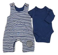 Nové - 2set - Tmavomodro-bílé pruhované laclové tepláky s čumákem + tmavomodré žebrované body M&S