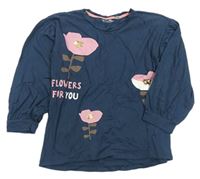 Tmaovmodré oversize triko s květinami