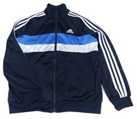 Tmavomodrá propínací sportovní funkční propínací mikina s bílými pruhy Adidas