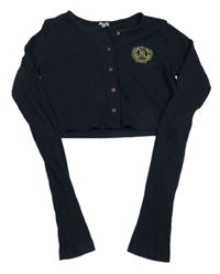 Tmavomodré žebrované propínací crop triko s výšivkou River Island