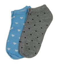 Nové - 2x kotníkové ponožky - modré se srdíčky + šedé puntíkaté 