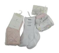 Nové - 4 set - 3x bílo-růžové ponožky + bílo-růžové bavlněné rukavice 