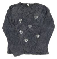 Tmavomodrý chlupatý svetr se srdíčky z flitrů Yigga
