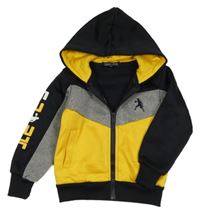 Černo-žluto-šedá sportovní propínací mikina s kapucí 