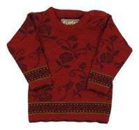 Rubínový vlněný svetr s růžemi 