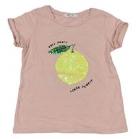 Růžové tričko s citronem z překlápěcích flitrů zn. H&M
