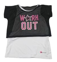 Černo-bílé síťované sportovní crop tričko s všitým topem a nápisem Ergeenomixx