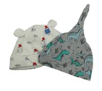 2set - 2x čepice - šedá s diny + bílá s medvídky 