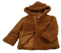 Hnědá huňatá podšitá bunda s kapucí HEMA 