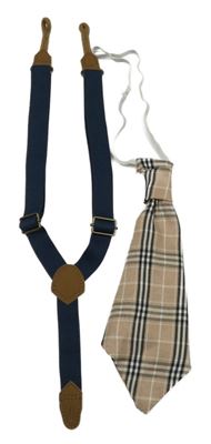 2set - Tmavomodré kšandy + béžovo-černo-bílá kostkovaná kravata 