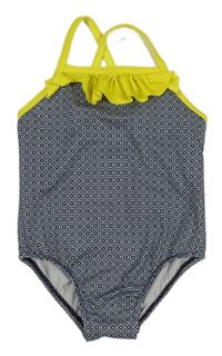 Tmavomodro-žluto-bílé vzorované jednodílné plavky s volánkem 