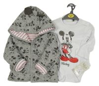 Nové - 2set - Šedá zateplená propínací mikina s Mickeym a kapucí + bílé body s Mickeym Primark