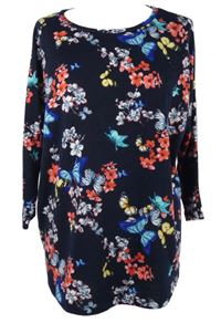 Dámský tmavomodrý květovaný lehký volný svetr Kim&Co