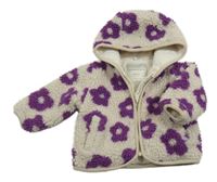 Béžová květinová huňatá zateplená bunda s kapucí Tu