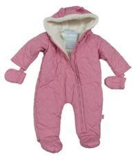 Nové - Růžová šusťáková prošívaná zimní kombinéza s kapucí+ rukavice Jojo Maman Bébé