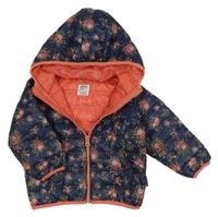 Tmavomodrá květinová šusťáková prošívaná zateplená bunda s kapucí Chicco