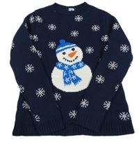 Tmavomodrý svetr s vločkami a sněhulákem 