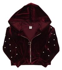 Vínová sametová crop propínací mikina s perličkami a kapucí Shein