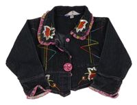 Tmavomodrá riflová crop bunda s barevnými výšivkami a flitry a knoflíkem