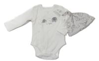 Nové - 2 Set - Bílé zavinovací body se slony + šedá čepice se slony George