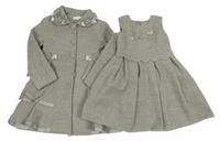 2set - Šedý flaušový podšitý kabát s květy + šaty 