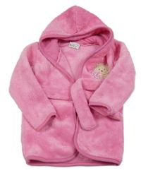 Růžový chlupatý župan s medvídkem a kapucí 