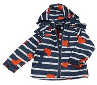 Tmavomodro-bílá pruhovaná šusťáková jarní bunda se srdíčky a kapucí Pocopiano
