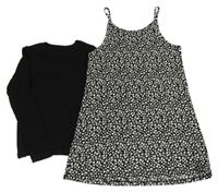 2set - Černé žebrované triko + květované šaty 