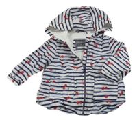 Bílo-tmavomodrá pruhovaná šusťáková jarní bunda s třešněmi a kapucí PRIMARK