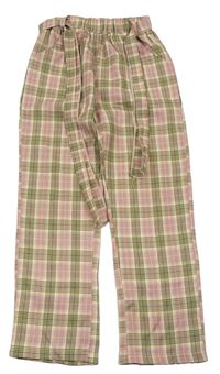 Béžovo-světlerůžové kostkované kalhoty s páskem 
