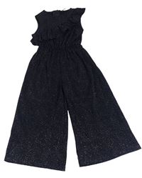 Tmavomodro-zlatý vzorovaný skládaný culottes overal s volánky George