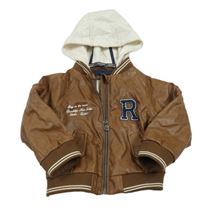 Hnědá koženková zateplená bunda s nápisem a kapucí C&A