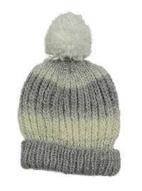 Šedo-bílá pruhovaná pletená čepice s bambulí 