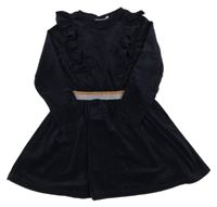 Tmavomodré sametové šaty s volánky a pruhovaným pasem Someone